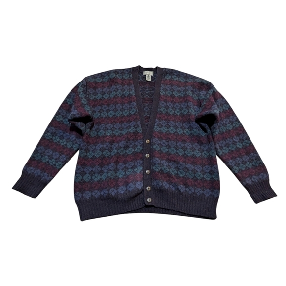 Vintage Christopher Hayes Shetland Wool Chunky Knit Argyle Cardigan Sweater XL - Picture 1 of 8